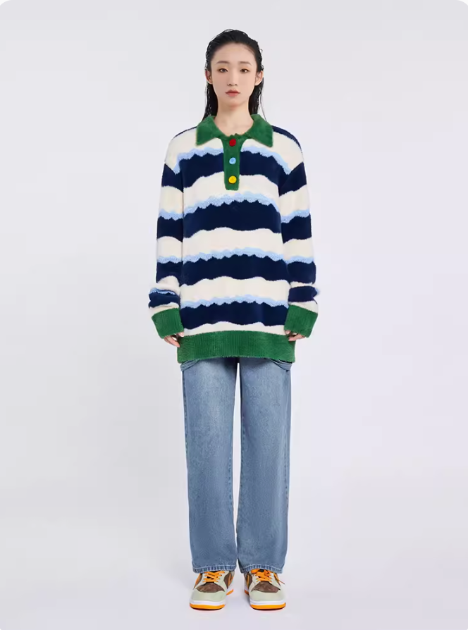 Contrast wavy blue and green striped sweater