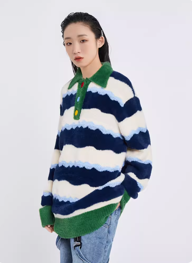 Contrast wavy blue and green striped sweater