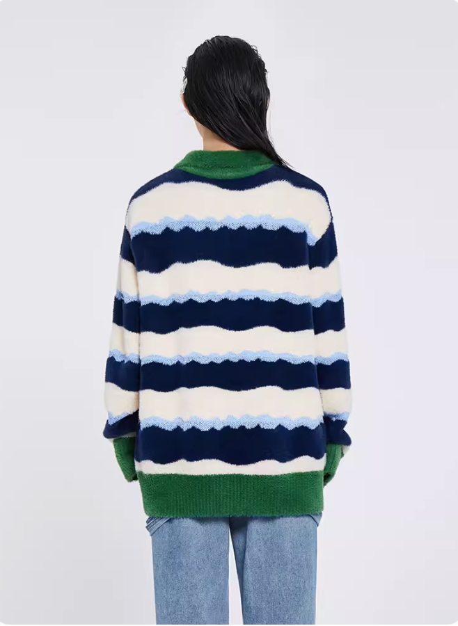 Contrast wavy blue and green striped sweater