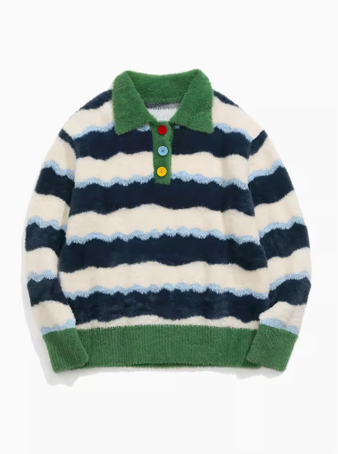 Contrast wavy blue and green striped sweater