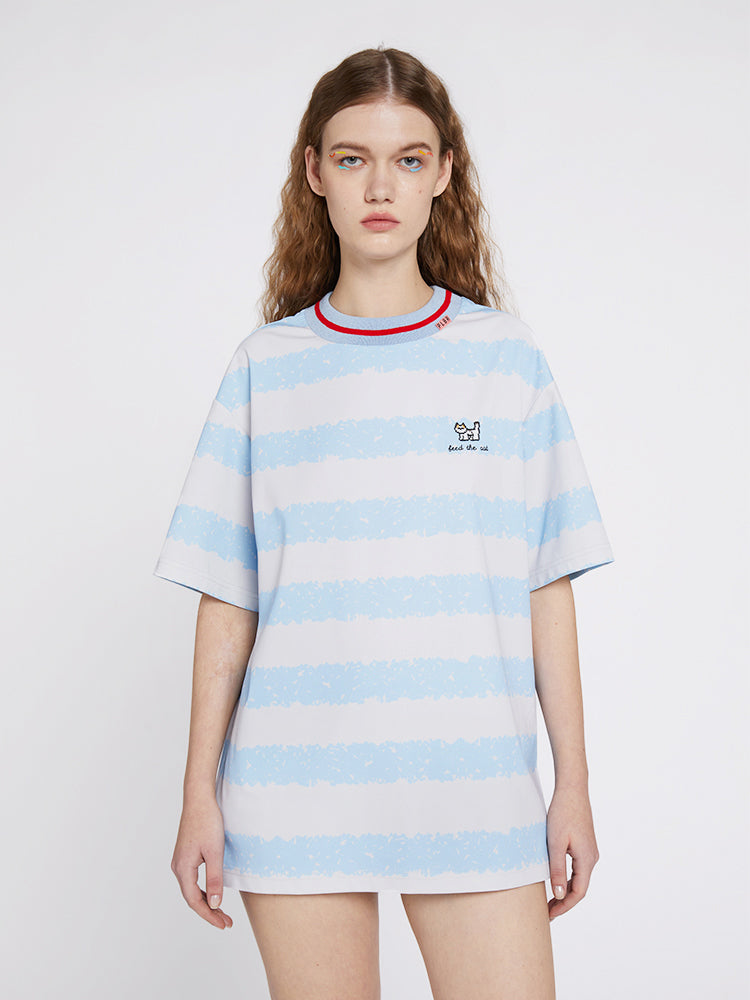 Refreshing Blue and White Striped Color Block Tee