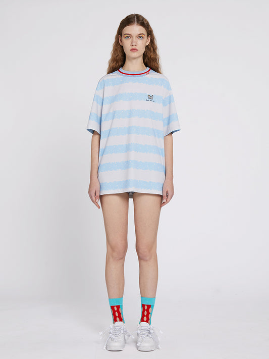 Refreshing Blue and White Striped Color Block Tee