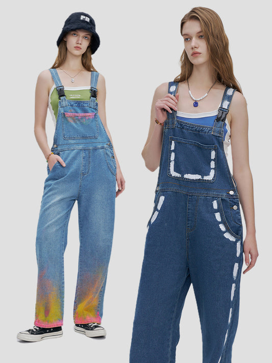 Easily Removable Magnetic Buckle Graffiti Vintage Denim Overall