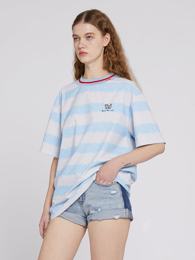 Refreshing Blue and White Striped Color Block Tee